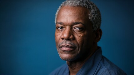 Fototapeta premium Mature African American man in professional portrait. Suitable for corporate leadership, executive experience, or professional wisdom themes.