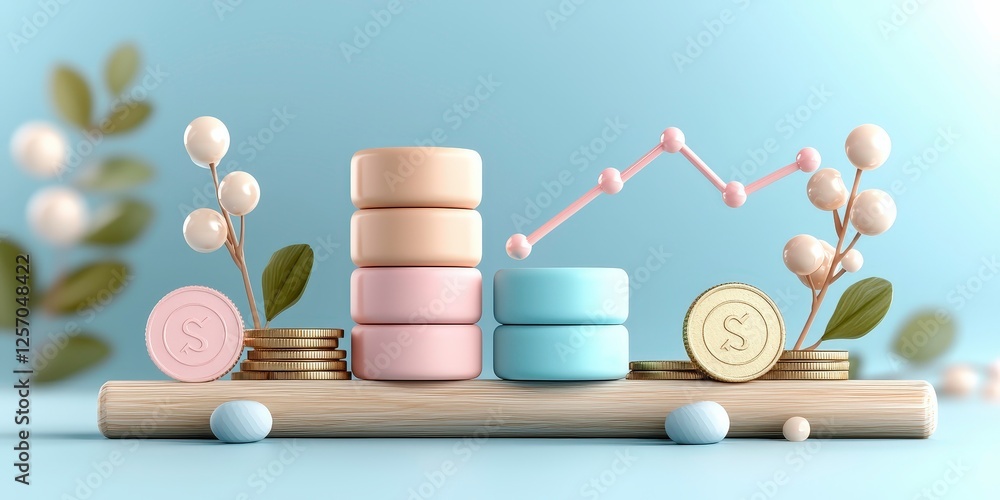 Poster stacked bar chart combined with line graph showing financial growth, featuring pastel colored coins 