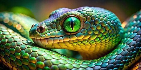 Fototapeta premium Colorful Green Snake with Iridescent Scales and Striking Eyes
