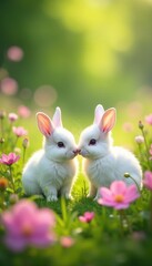 Obraz premium Fluffy white bunnies nestled amongst vibrant blooms in a sun-drenched meadow , blue, white rabbit