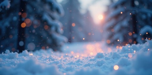 Naklejka premium Glimmering lights pierce a soft, snowy haze; abstract winter scene , lights, backdrop, pattern
