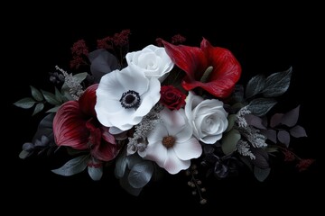 Elegant Floral Arrangement with Red and White Blooms on Black Background