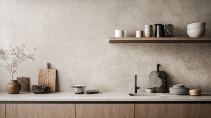A sleek kitchen wall featuring painted tiles in a subtle, textured finish.