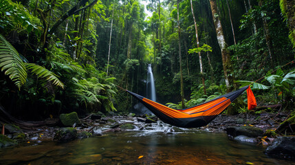 Fototapeta premium Hammock Haven by Waterfall: An orange hammock hangs serenely between lush rainforest trees, gently suspended above a tranquil stream flowing towards a cascading waterfall.
