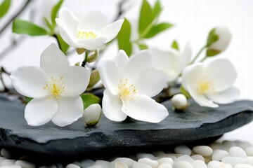 Fototapeta premium Elegant White Blossom Arrangement on Black Stone with Pebbles