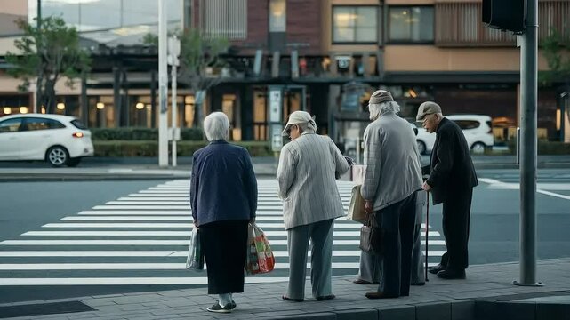 Group of elderly Japanese people wait to cross the street