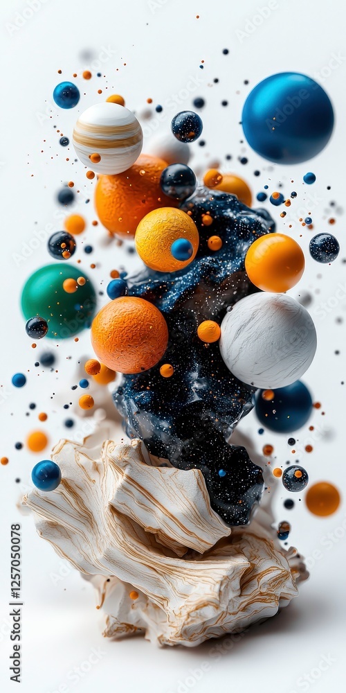 Poster surreal scene of planets and glowing stars seen from cosmic perspective, featuring vibrant colors an