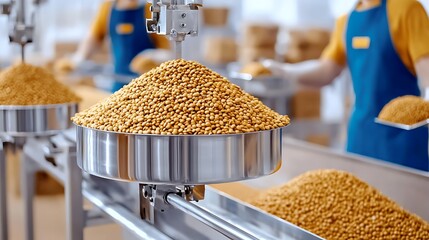 Workers in a food processing facility handling and packaging grains with a busy background