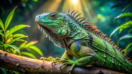 Obraz premium Colorful Iguana on Tree Branch in Lush Jungle Environment