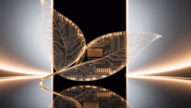Innovative AI technology concept with digital leaf and circuit patterns