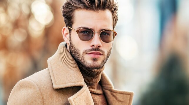 Man in camel coat with sunglasses outdoors. Perfect for winter fashion, urban style, or modern sophistication themes.