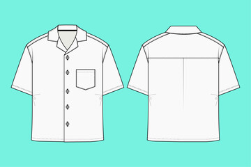  Mens revere collar short-sleeve casual shirt flat sketch.