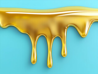 Golden honey dripping, blue background, food texture