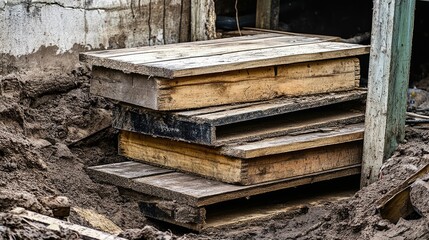 Obraz premium A stack of replacement wooden planks next to a partially removed floor section.