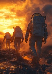 Astronaut Family Exploring Alien Landscape at Sunset