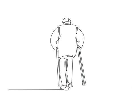 recommend clip art: Old man walking with walking cane in continuous one line drawing. Elderly with walking cane line draw. Editable vector.