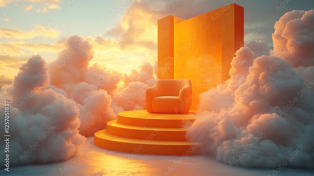Poster minimalist yellow pedestal with white clouds for 3d product display presentation and abstract backgr