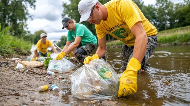 Volunteers Collecting Trash in Eco-Friendly Shirts by Riverbank