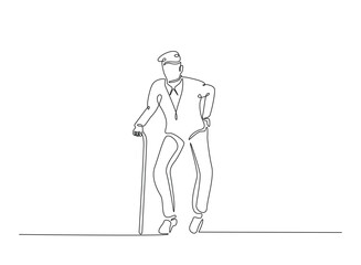 Old man walking with walking cane in continuous one line drawing. Elderly with walking cane line draw. Editable vector.