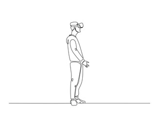 Young man wearing 3d or VR glasses in continuous one line drawing. Digital virtual reality concept line draw. Editable vector.