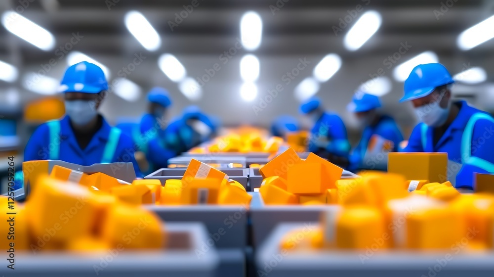 Poster workers in a food processing facility sorting bright yellow cheese blocks in a busy environment