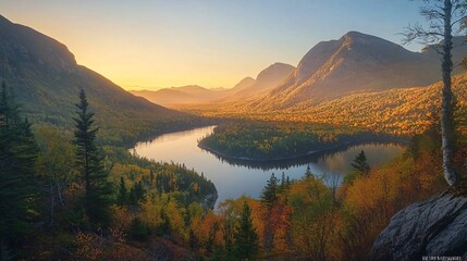 Serene Autumn Sunrise over a Mountain Lake and Valley