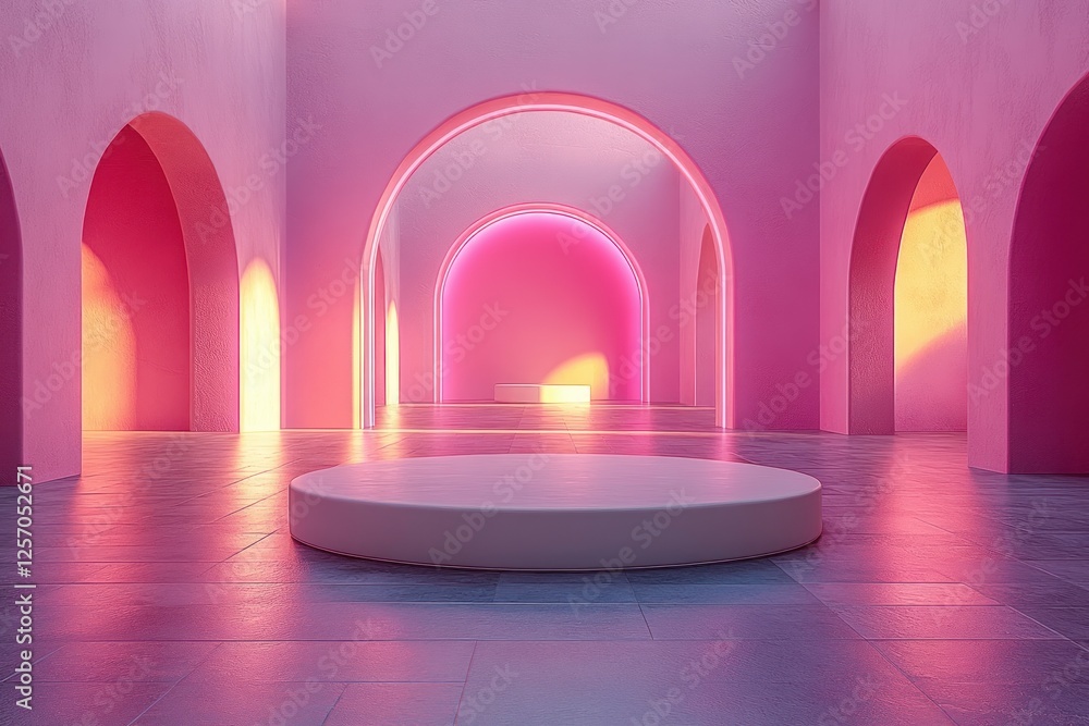 Poster pink archway with circular pedestal minimalist 3d render design for product display