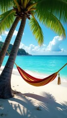 Palm-fringed beach; hammock hangs, gentle waves crash below , summer, sunrise