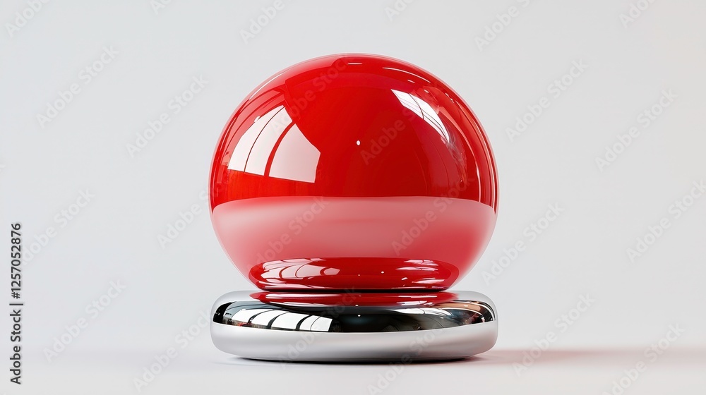 Poster vibrant red 3d push button with glossy surface and metallic base, reflecting light