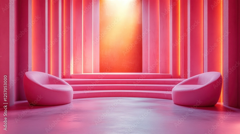 Poster minimalist pink product display background with rounded platforms and soft lighting