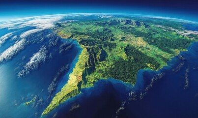 Satellite view of Hispaniola island, Caribbean; geography, land, ocean, mountains, clouds; educational map