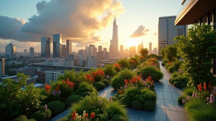 Urban rooftop garden with ornamental grasses, lush greenery, and city skyline view	