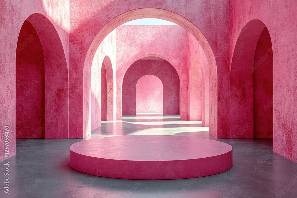 Poster minimalist pink archway and pedestal display in soft ambient lighting with symmetrical composition