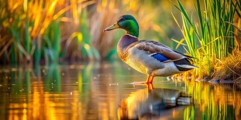 Fototapeta premium Vibrant Male Mallard Duck by Calm Water at Sunset in Nature Scene