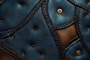 Steampunk leather and metal texture, design elements for fashion or product packaging, leather with stitching on top, dark blue tones with brown highlights, with different textures and patterns