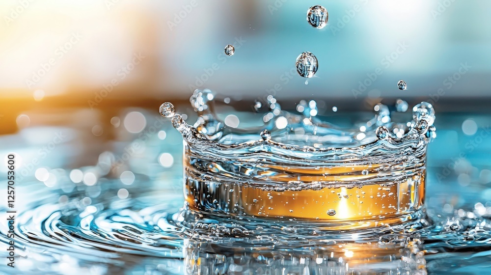 Poster close up of water droplet creating ripples and splashes on reflective surface, capturing dynamic mot