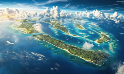Tropical archipelago aerial view, sunny day, ocean, clouds, paradise, travel brochure
