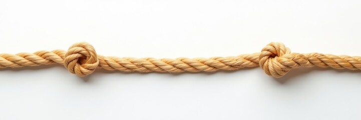 Severed rope, unraveling ends; pure white backdrop, frayed, isolated