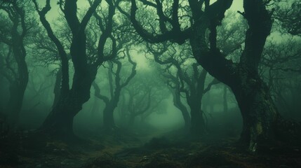 Enigmatic Forest Landscape with Twisted Trees and Mystical Fog in Ethereal Green Atmosphere