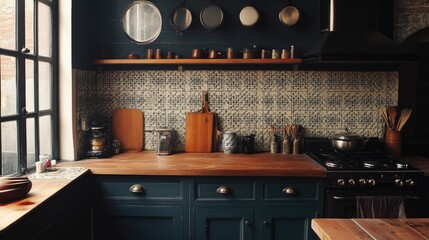 A stylish, painted tile backsplash complementing wooden kitchen cabinets.