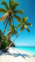 Slender palm trees sway gently on a white sand beach, turquoise ocean beyond , horizon, vibrant