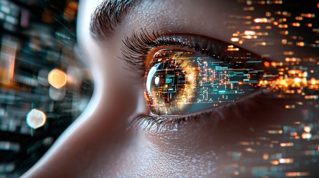 close up of human eye reflects digital data and technology, symbolizing integration of human vision with digital information. image conveys futuristic and technological theme