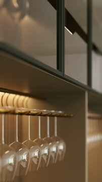 A sleek arrangement of hanging wine glasses with elegant lighting, showcasing modern kitchen design and aesthetic appeal. 3d rendering video vertical.