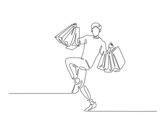 Young man carrying shopping bags in continuous one line drawing. Man holding paper bags for fashion and shopping concept line draw. Editable vector.