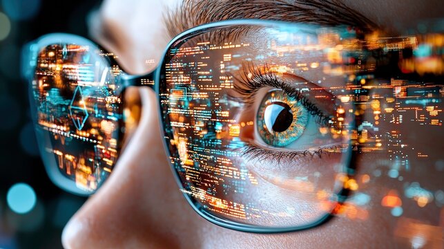 close up of person eye with glasses reflecting digital data and city lights, symbolizing technology and information overload