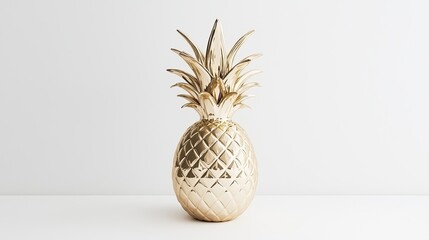 A shiny gold pineapple sculpture standing elegantly on a minimalistic white background