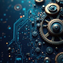 Fototapeta premium Steampunk-inspired digital blue; intricate circuits & metallic cogs, digital, mechanical design
