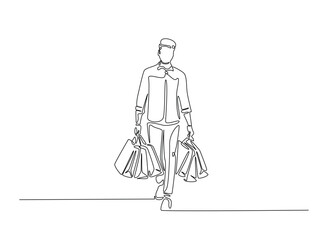 Young man carrying shopping bags in continuous one line drawing. Man holding paper bags for fashion and shopping concept line draw. Editable vector.