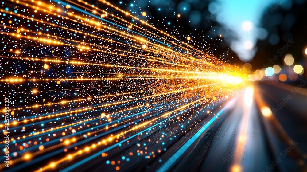 Poster dynamic light trails with glowing particles create sense of speed and energy. vibrant streaks of lig