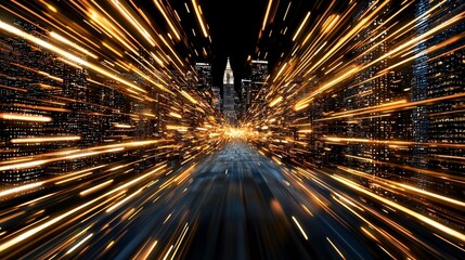 cityscape at night with dynamic golden light streaks creating sense of speed and energy. lights appear to be moving towards viewer, enhancing futuristic atmosphere